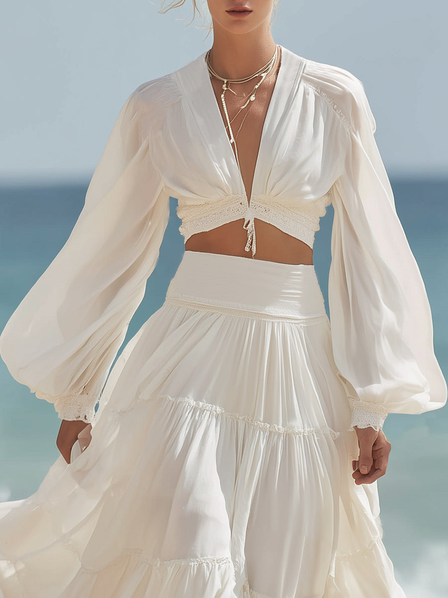 Bohemian Vacation Style Off-white V-neck Top And Ruffled Skirt Set