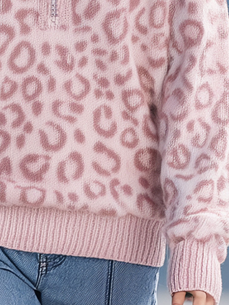 Casual Vintage Pink Leopard Half-Zip Sweater