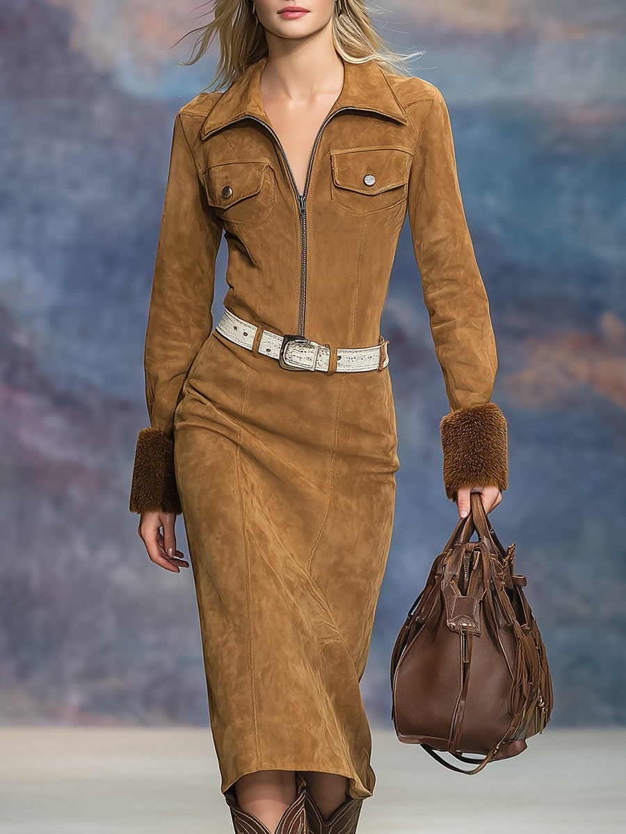 Vintage Western Plush Cuffs Yellow Brown Faux Suede Zipper Midi Dress