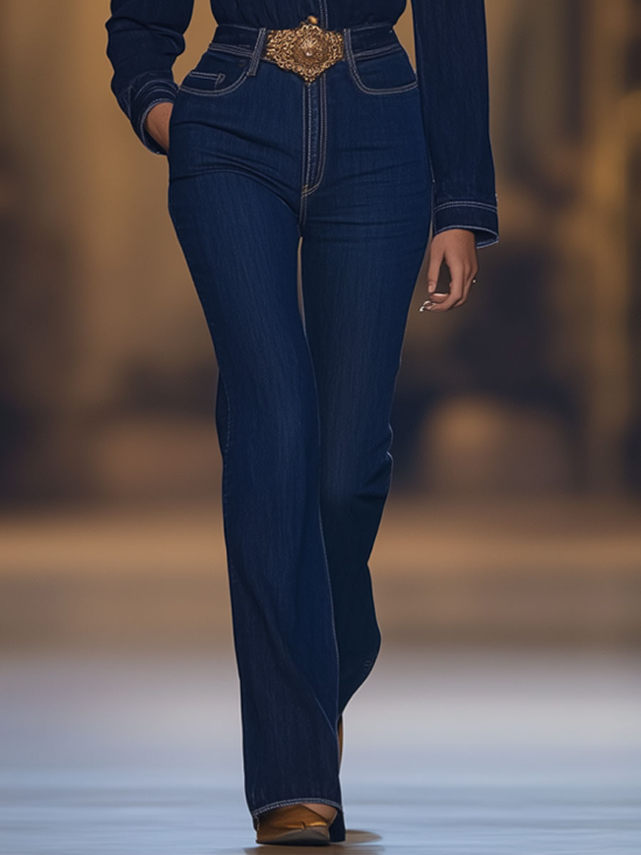 Vintage Navy Denim Long Sleeve Tassel Lace-Up Jumpsuit