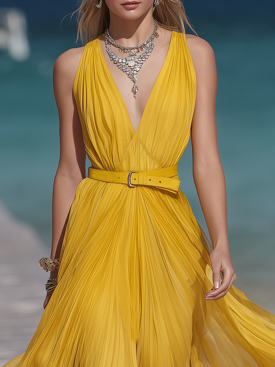 High-end Resort Yellow Chiffon Pleated V-neck Fitted Maxi Dress