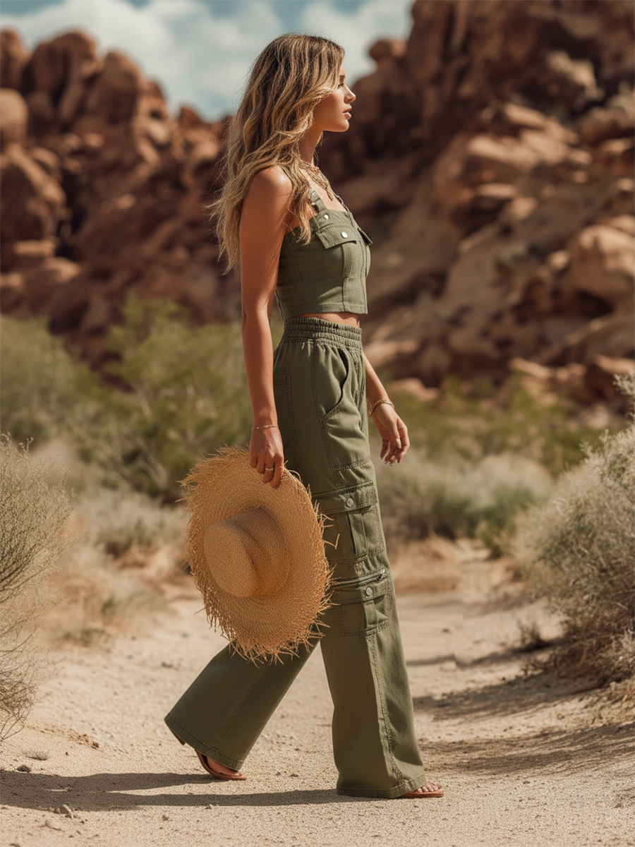 Vacation-style Army Green Camisole Top And Trousers Set