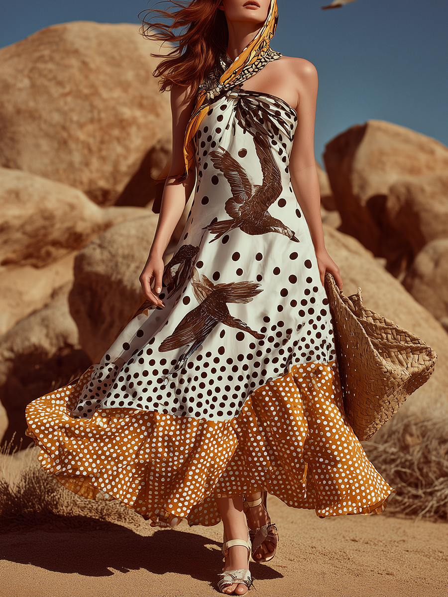 Luxury Resort-style Halter-neck Tie-back Satin Printed Maxi Dress