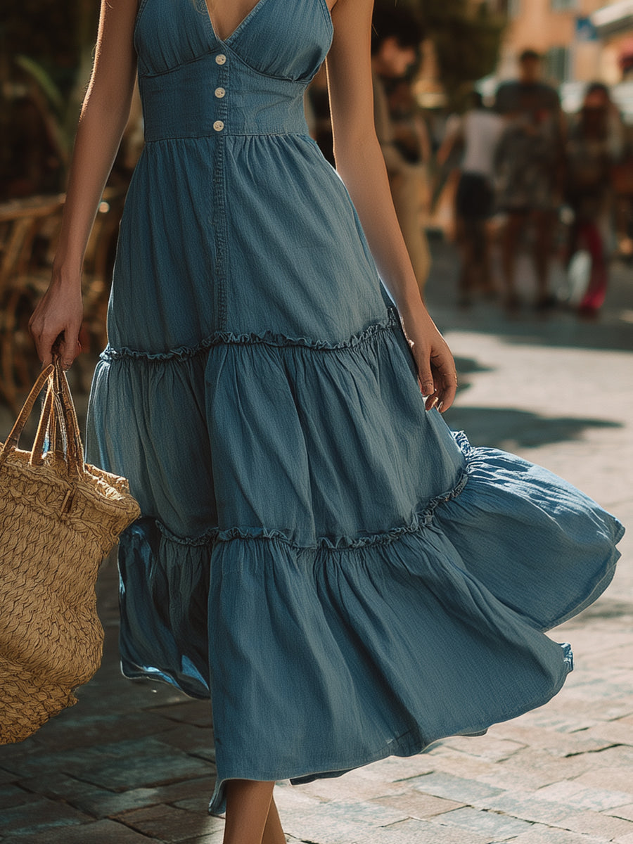 French Bohemian V-neck Denim Blue Suspender Maxi Dress