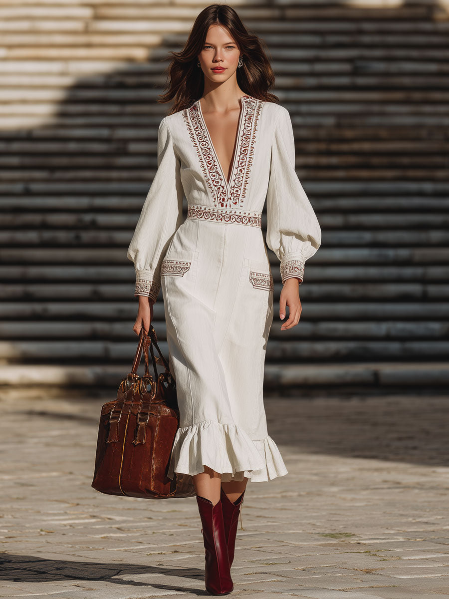 Vintage Elegant Ethnic Embroidery White Cotton Long Sleeve Fishtail Midi Dress