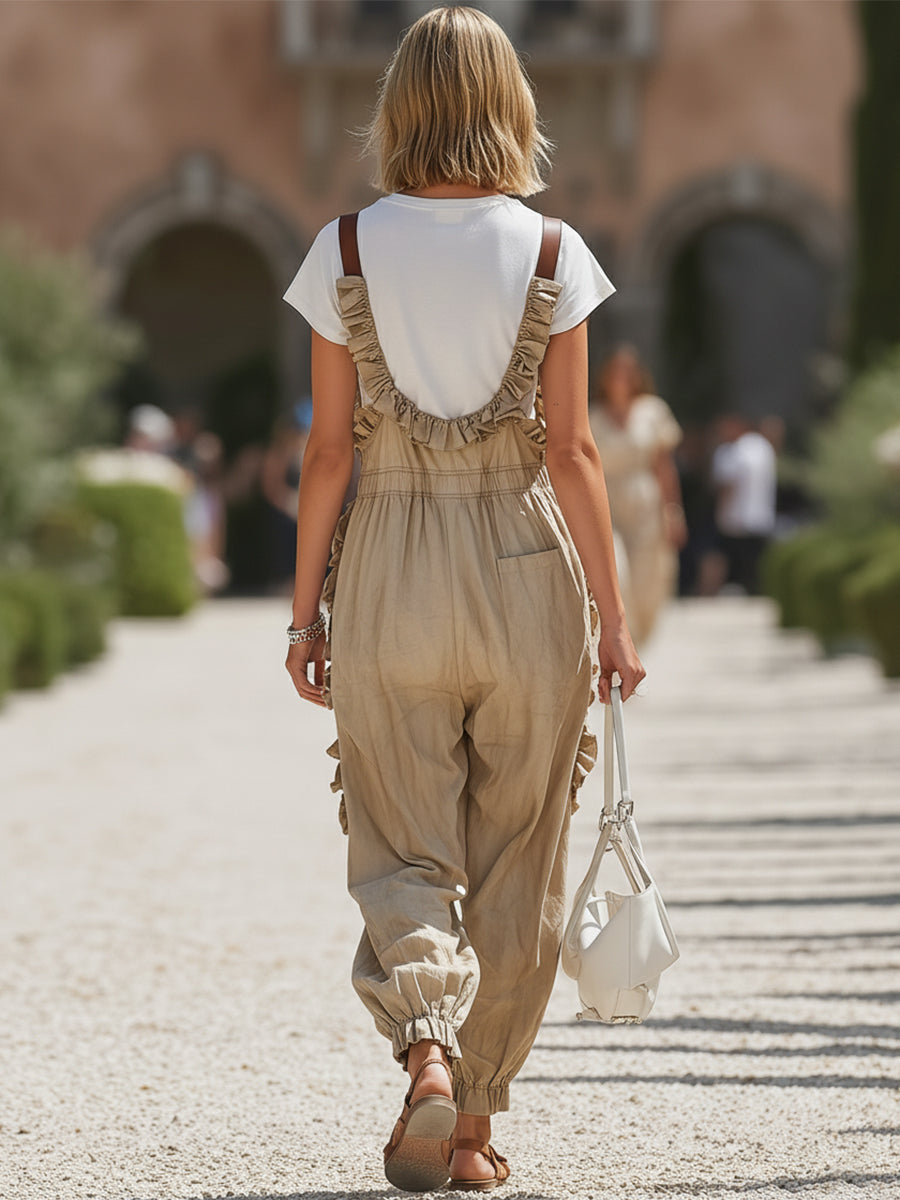 French-style Relaxed Khaki Cotton Linen Ruffled Loose Overalls