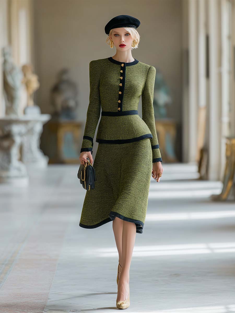 Vintage Hem Green Tweed Top And Skirt Set