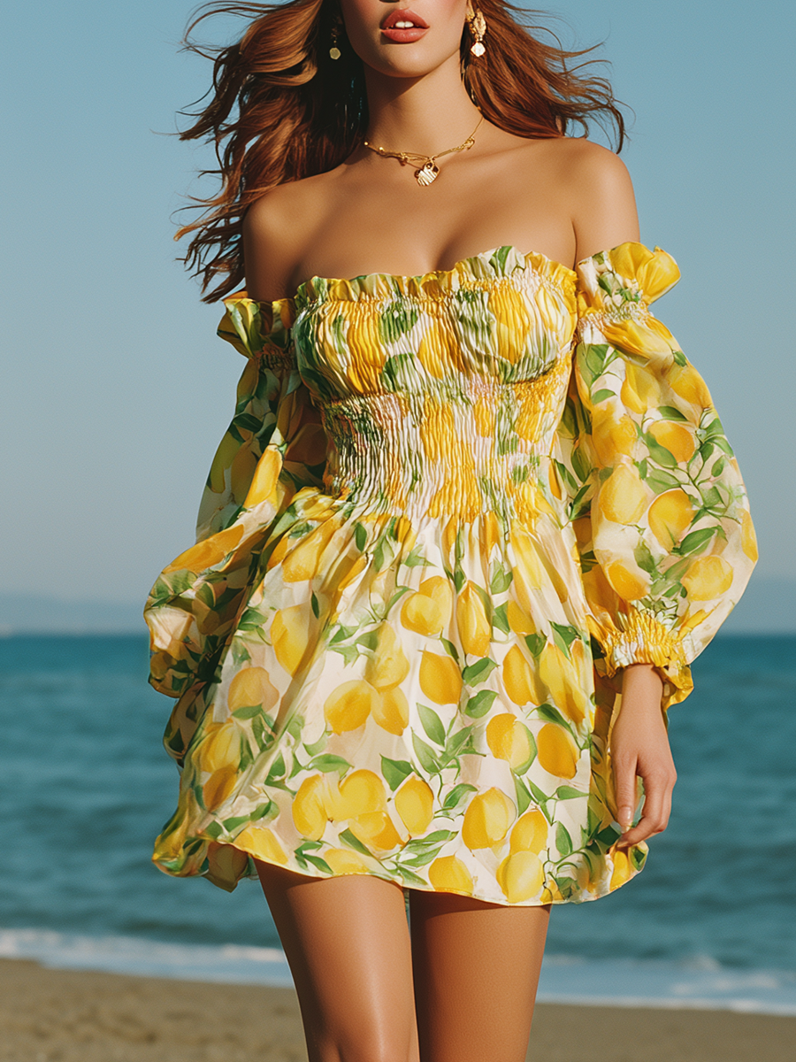 Yellow Vacation-style Chiffon Printed Off-the-shoulder Mini Dress