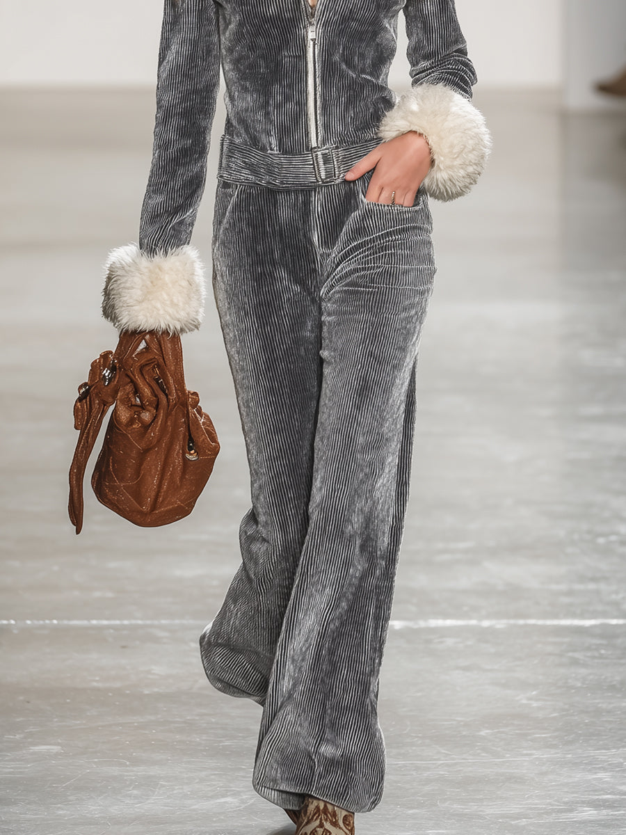 Retro Fashion Plush Decoration Grey Corduroy Jumpsuit
