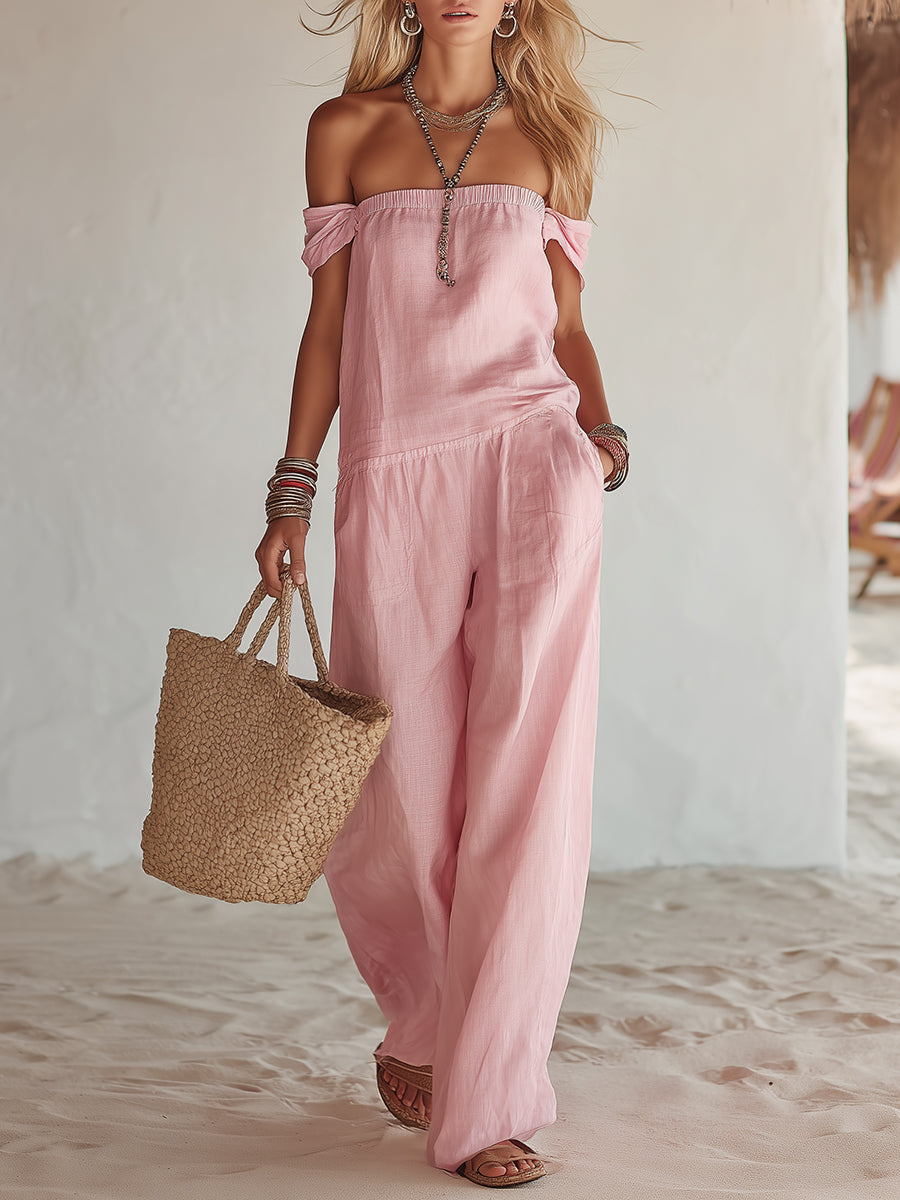 Bohemian Vacation Pink Cotton Linen Off-shoulder Loose Jumpsuit