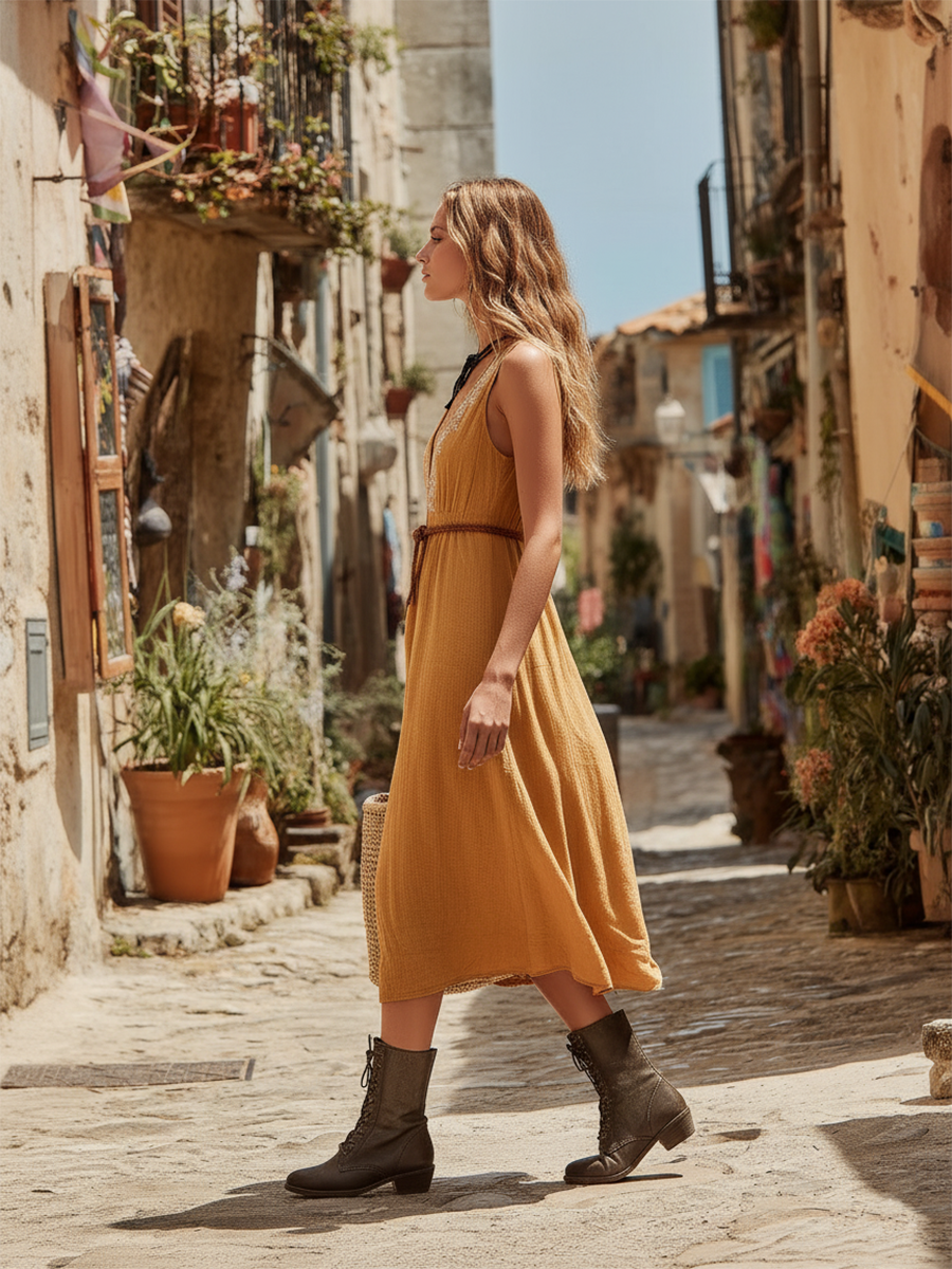 Bohemian Style Sleeveless Cotton And Linen Embroidered Midi Dress