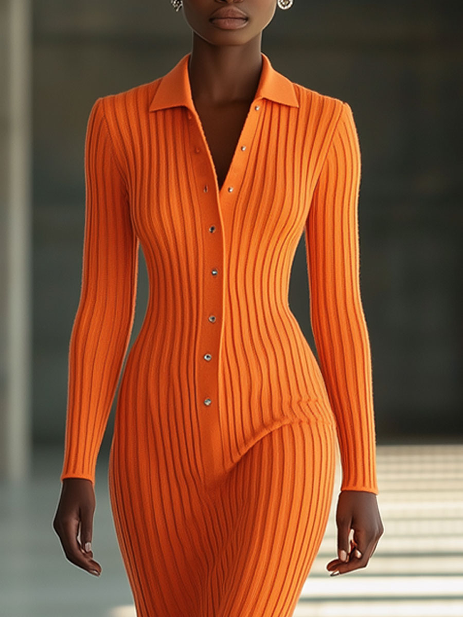 Fashion Orange Knitted Polo Long Sleeve Slit Maxi Dress
