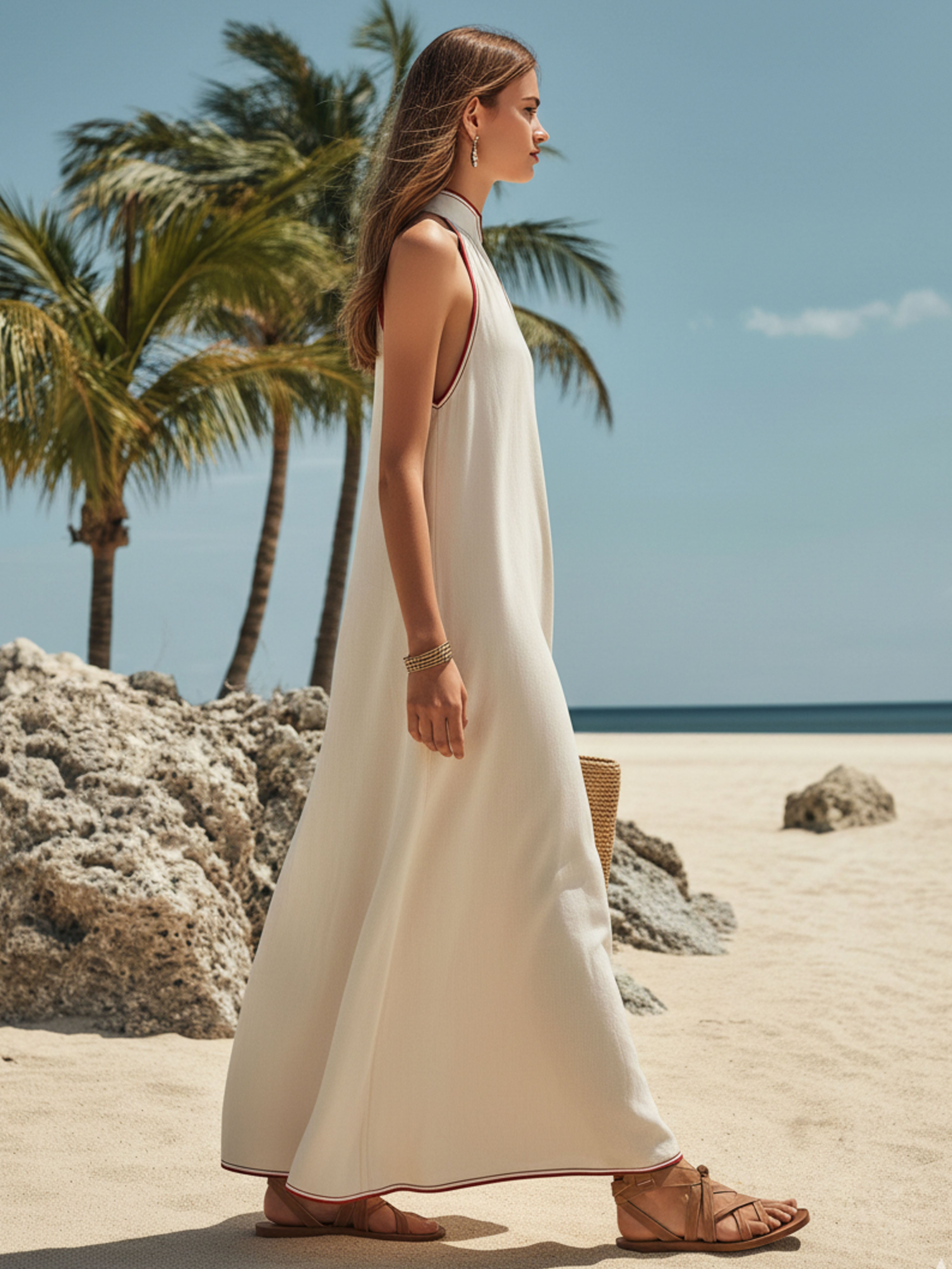 Off-White Cotton Linen With Red Trim Perfect For Vacation Maxi Dress