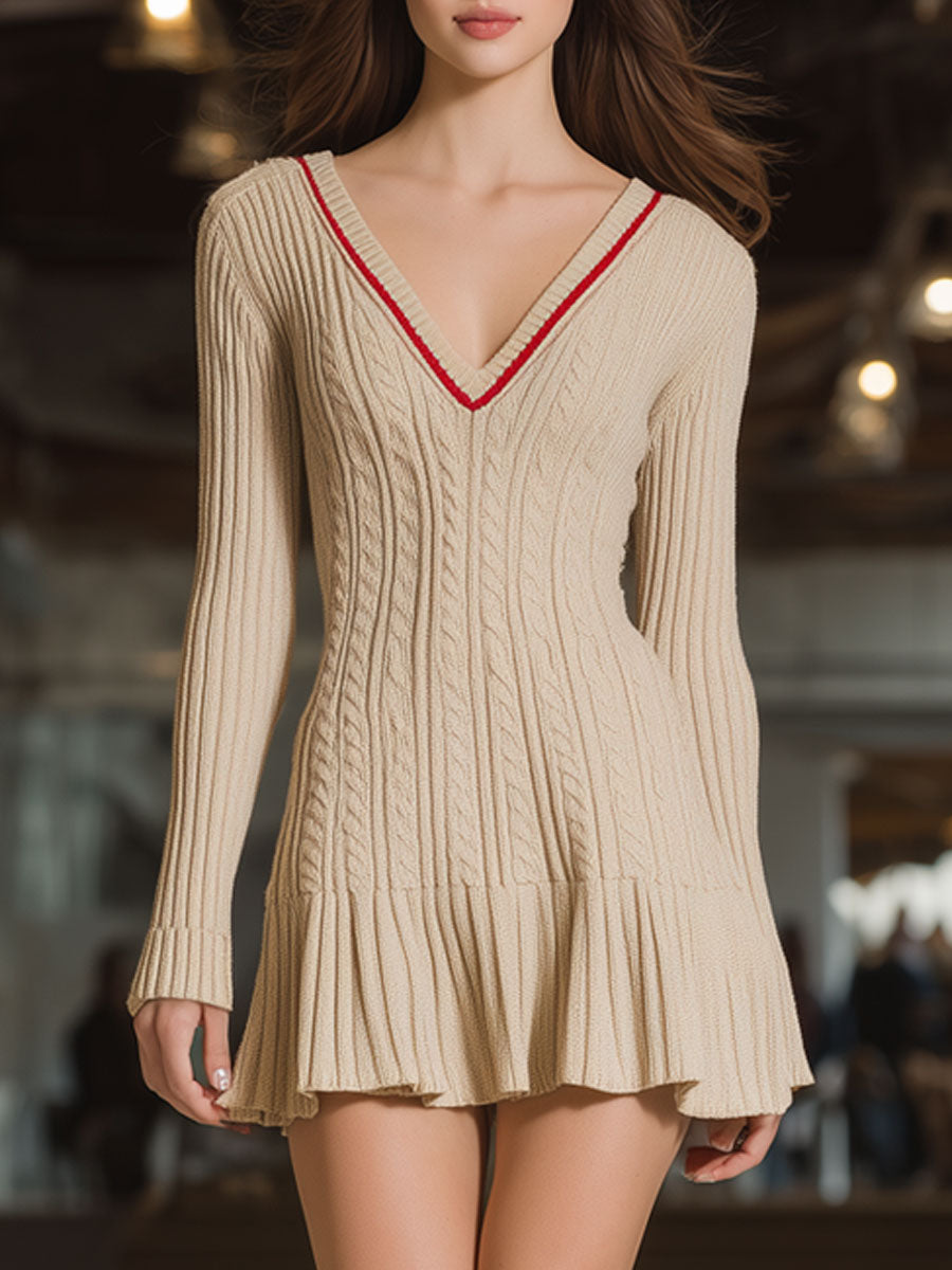 Vintage V-Neck Trim Camel Knitted Cable Long Sleeve Mini Dress