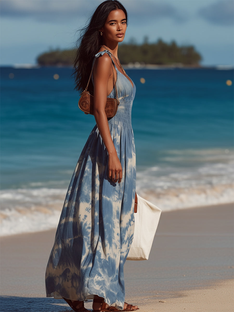 Bohemian Blue And White Tie-dye Print Sundress With A Fitted Waist - Maxi Dress