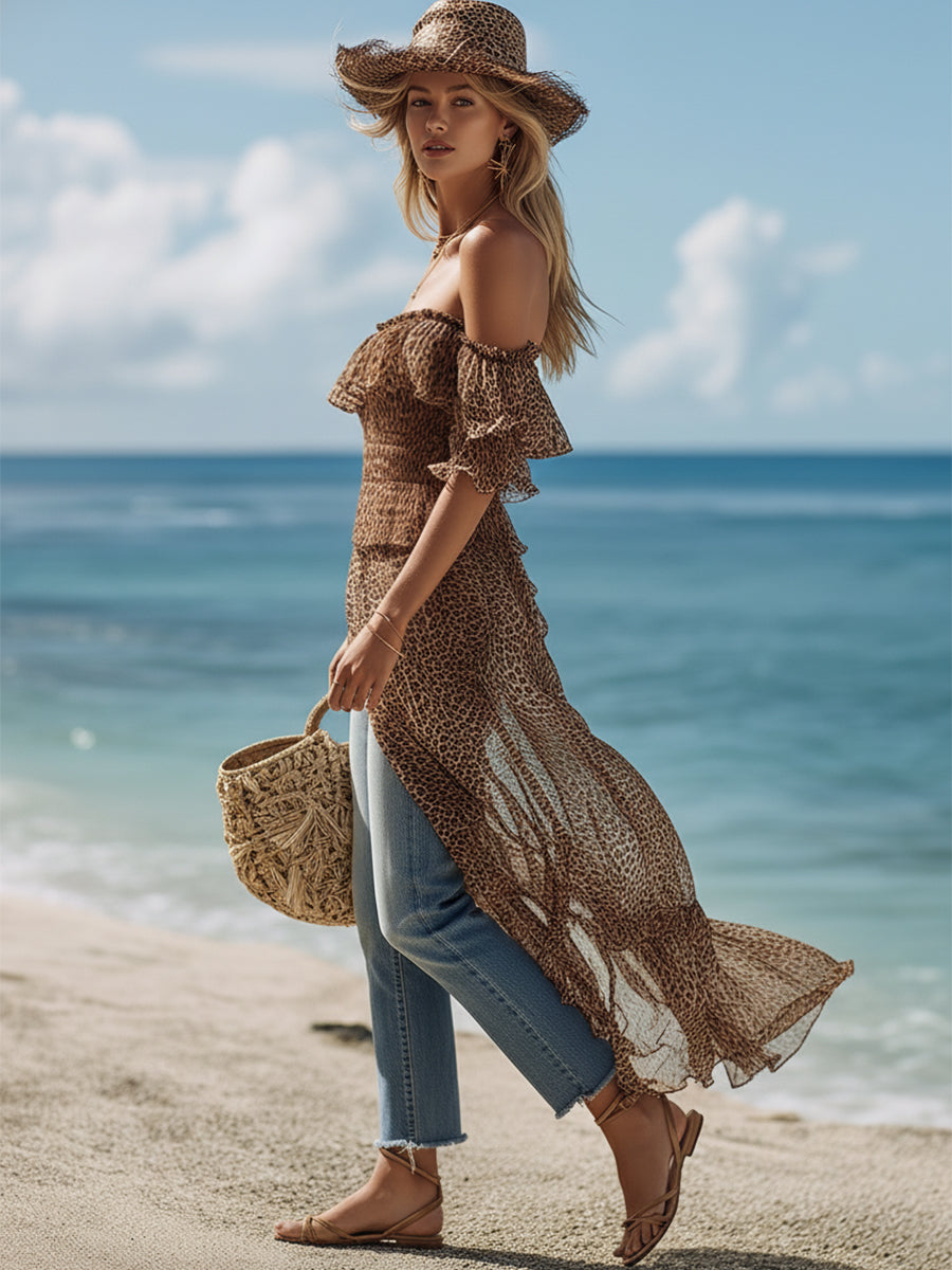 Bohemian Off-the-shoulder Leopard Print Chiffon Top And Jeans Set