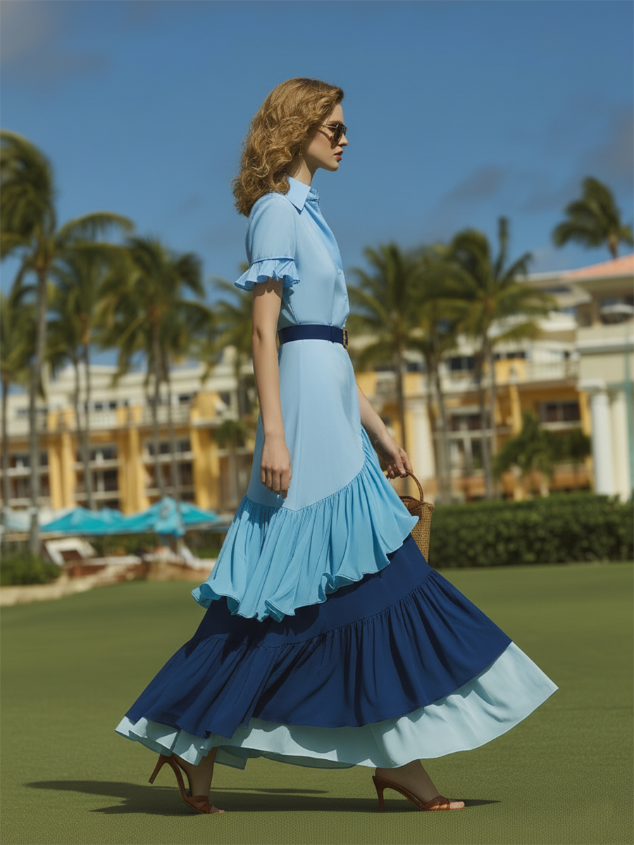 Vacation-style Cotton Short-sleeved Patchwork Maxi Dress