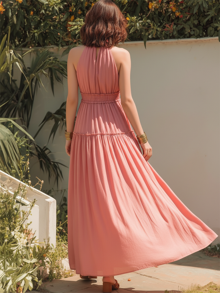 Vacation-style Pink Sleeveless Maxi Dress