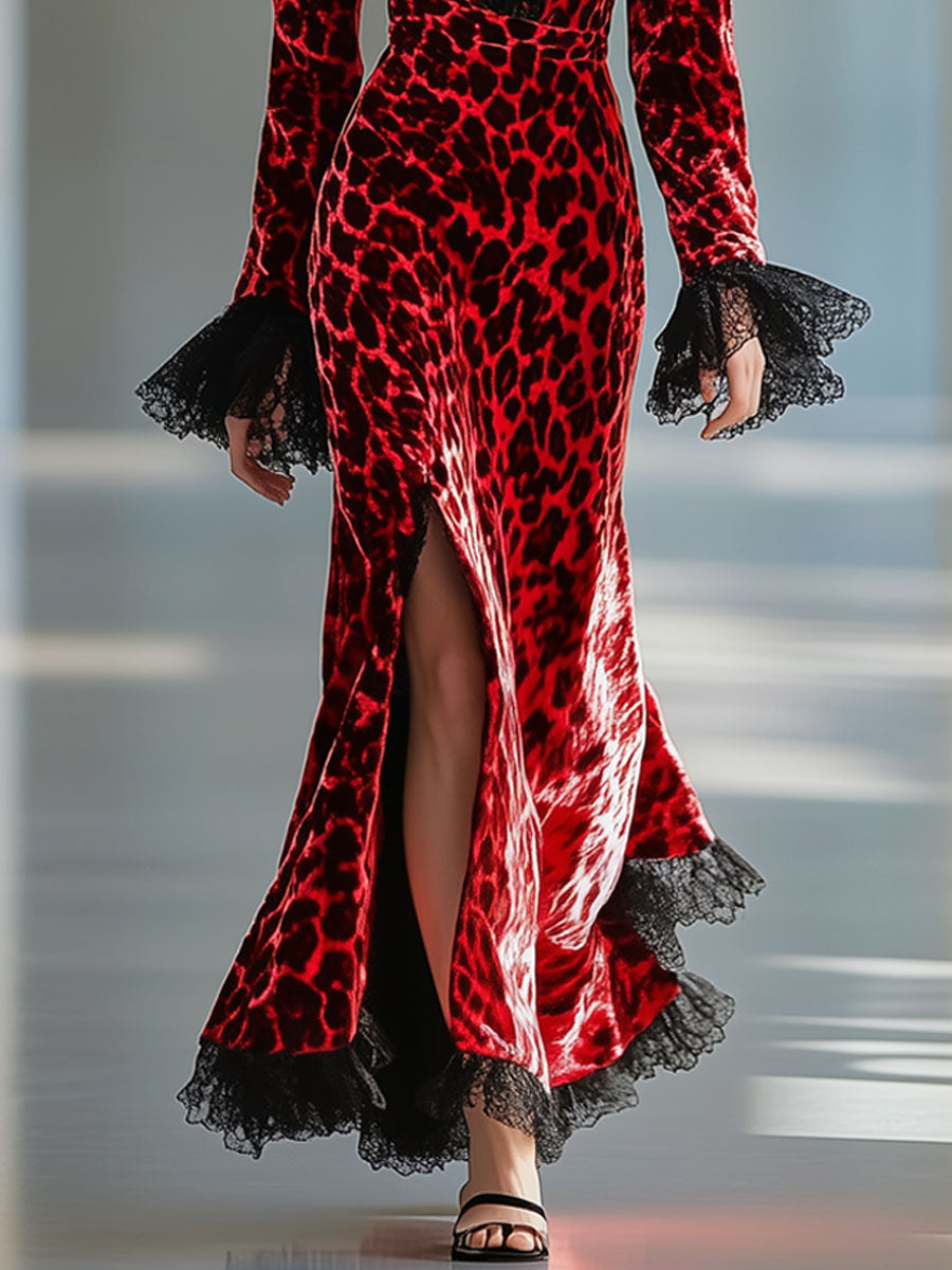 Vintage Velvet Red Leopard Print V-Neck Lace Slit Long Sleeve Maxi Dress