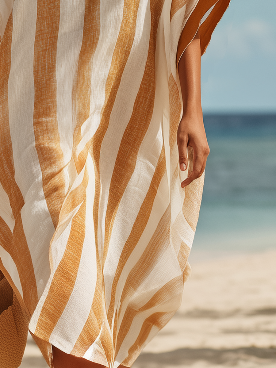 Resort-style Short-sleeved Striped V-neck Midi Dress