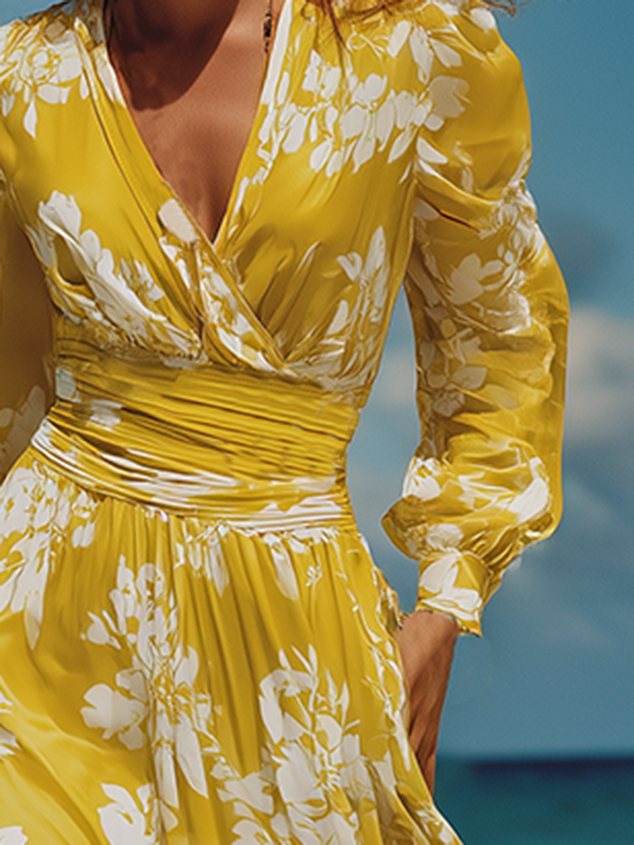 V-neck Long-sleeved Satin Printed Maxi Dress