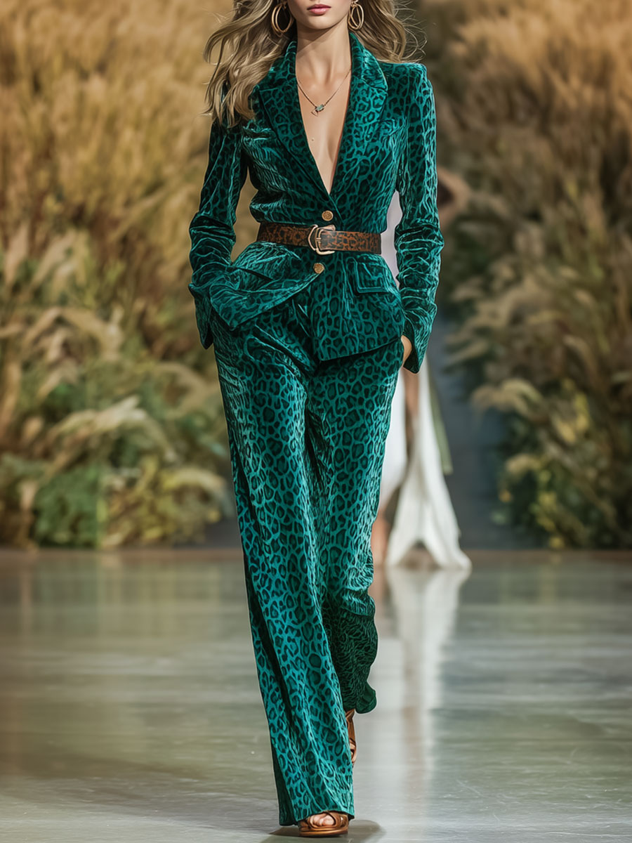 Vintage Lace-Up Green Velvet Leopard Print Blazer Straight Pants Set