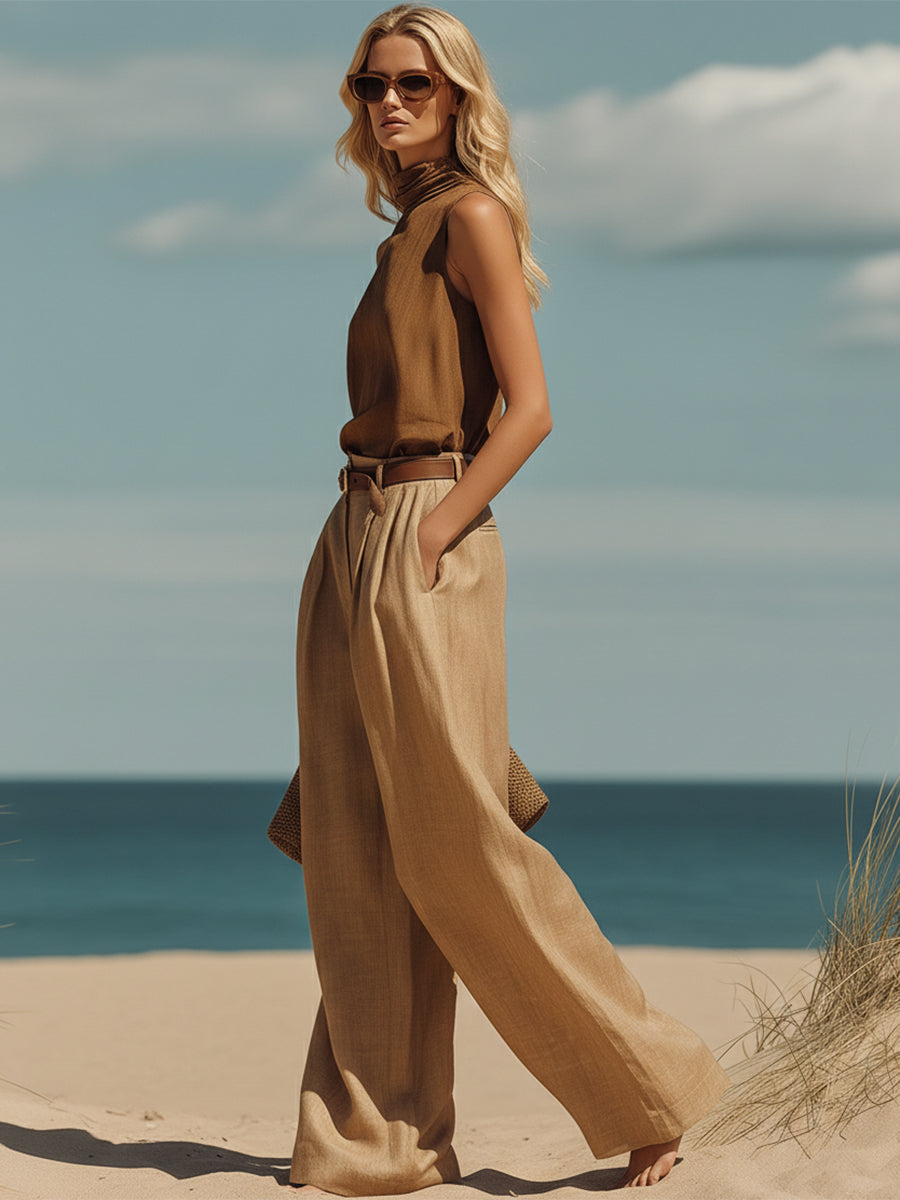 A Stylish Minimalist Walnut Brown Turtleneck Sleeveless Top And Camel Wide-leg Cotton-linen Set