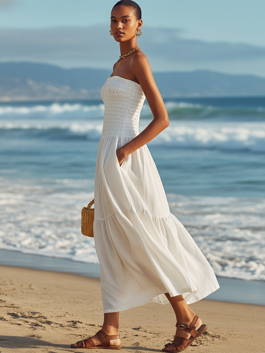 Casual Vacation White Cotton And Linen Strapless Midi Dress