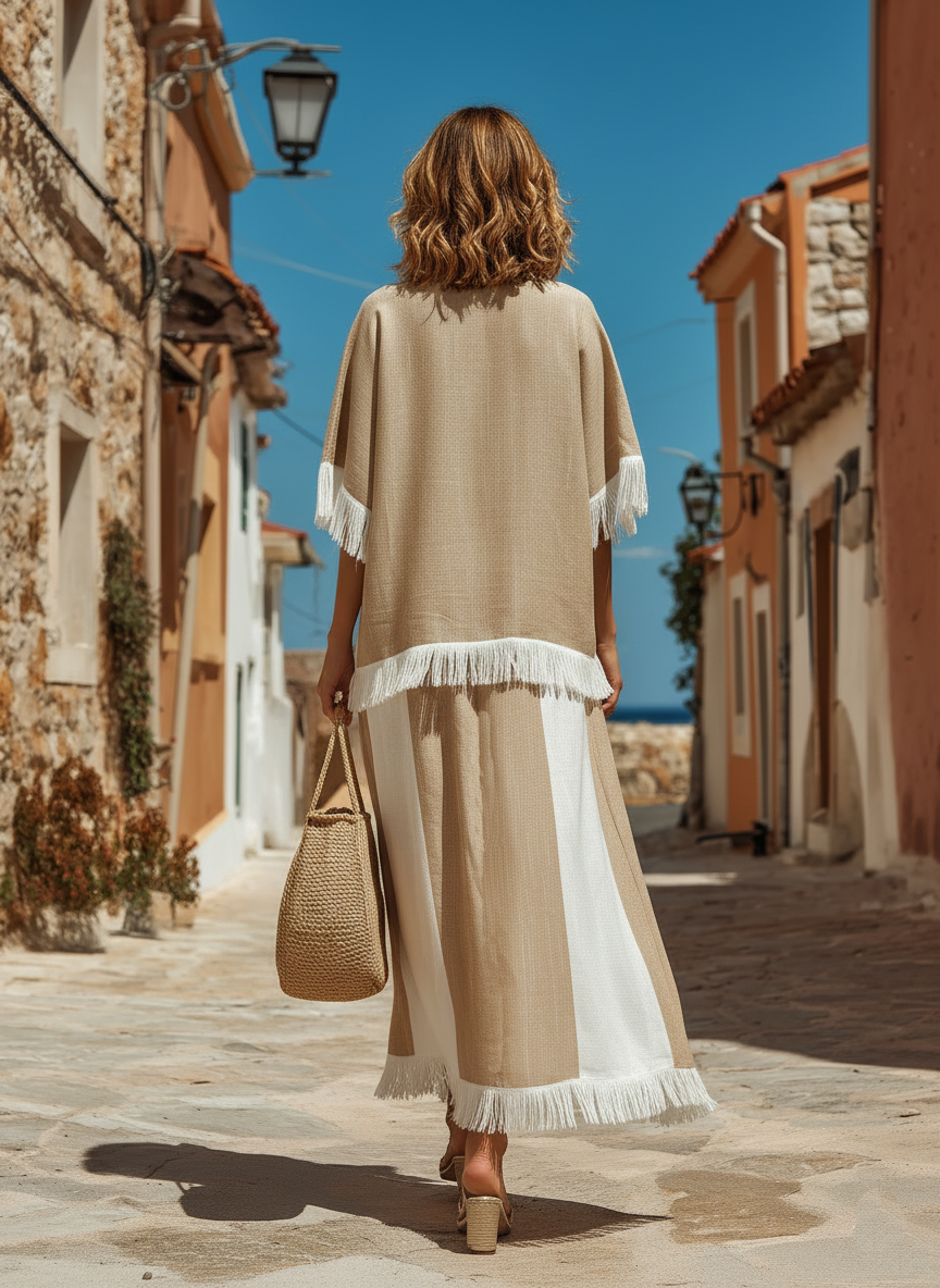 Bohemian Style Tassel Embroidered Short-sleeved Top And Skirt Set