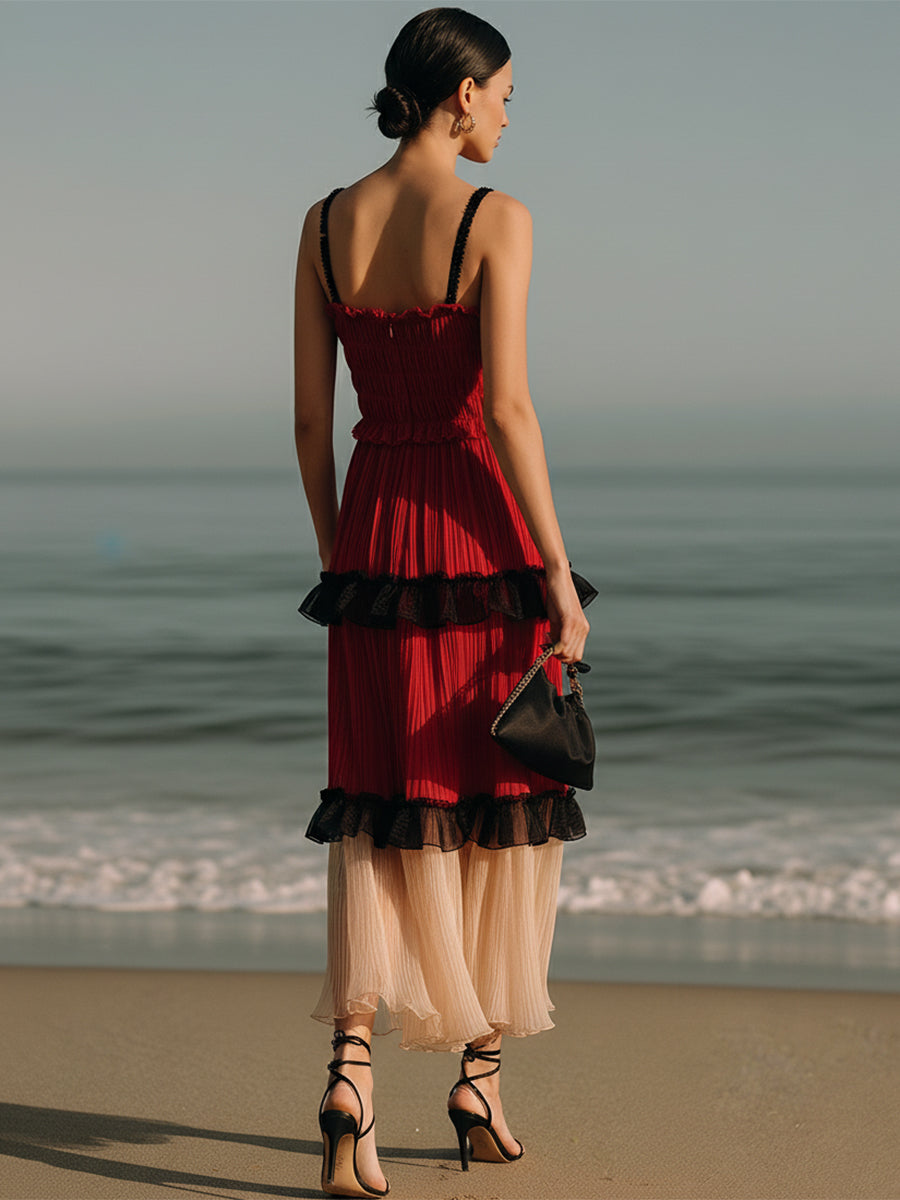 Fashion Party Red And Black And Beige Color Block Pleated Chiffon Spaghetti Strap Midi Dress