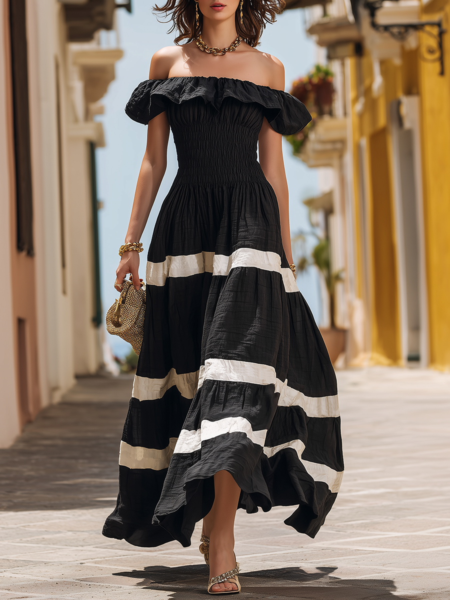 Vacation-style Cotton Off-the-shoulder Patchwork Maxi Dress
