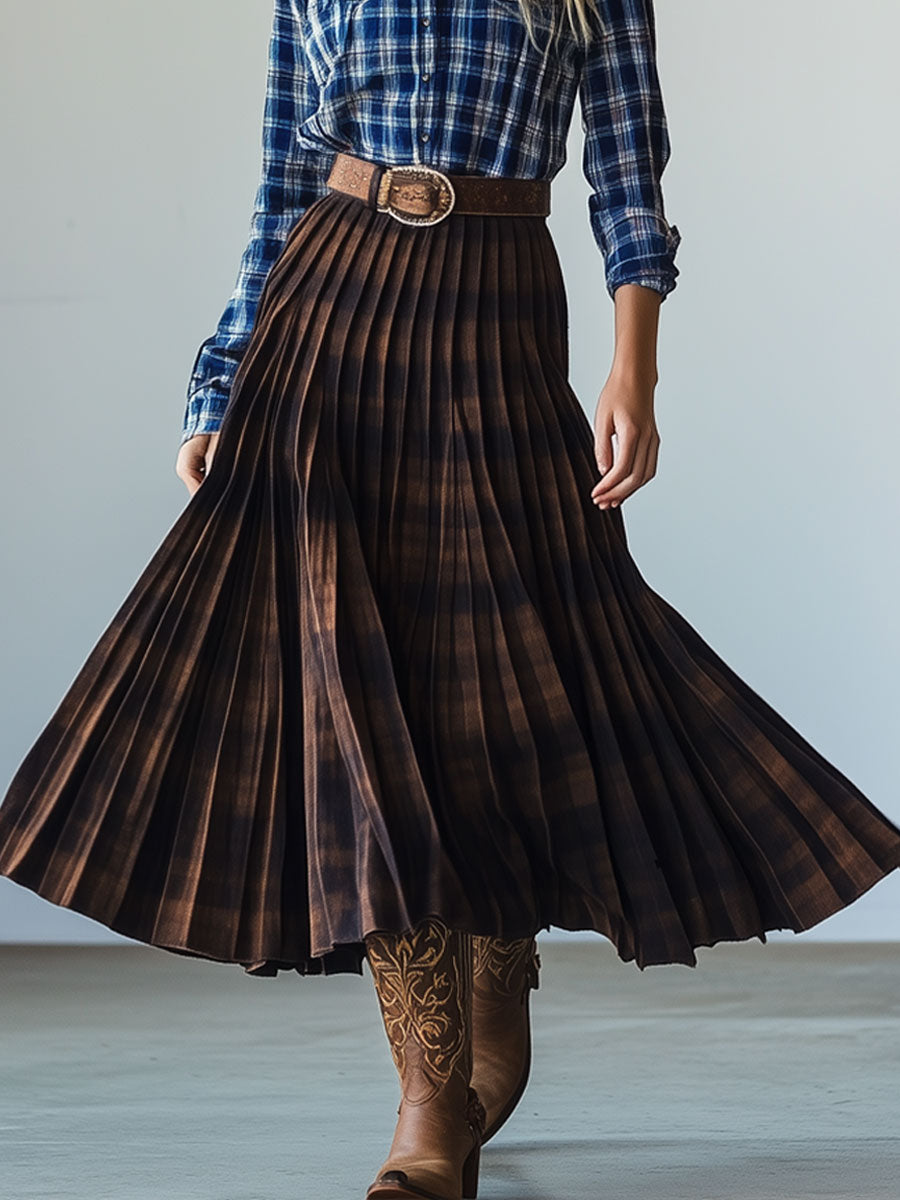 Casual Retro Brown Plaid Pleated Skirt