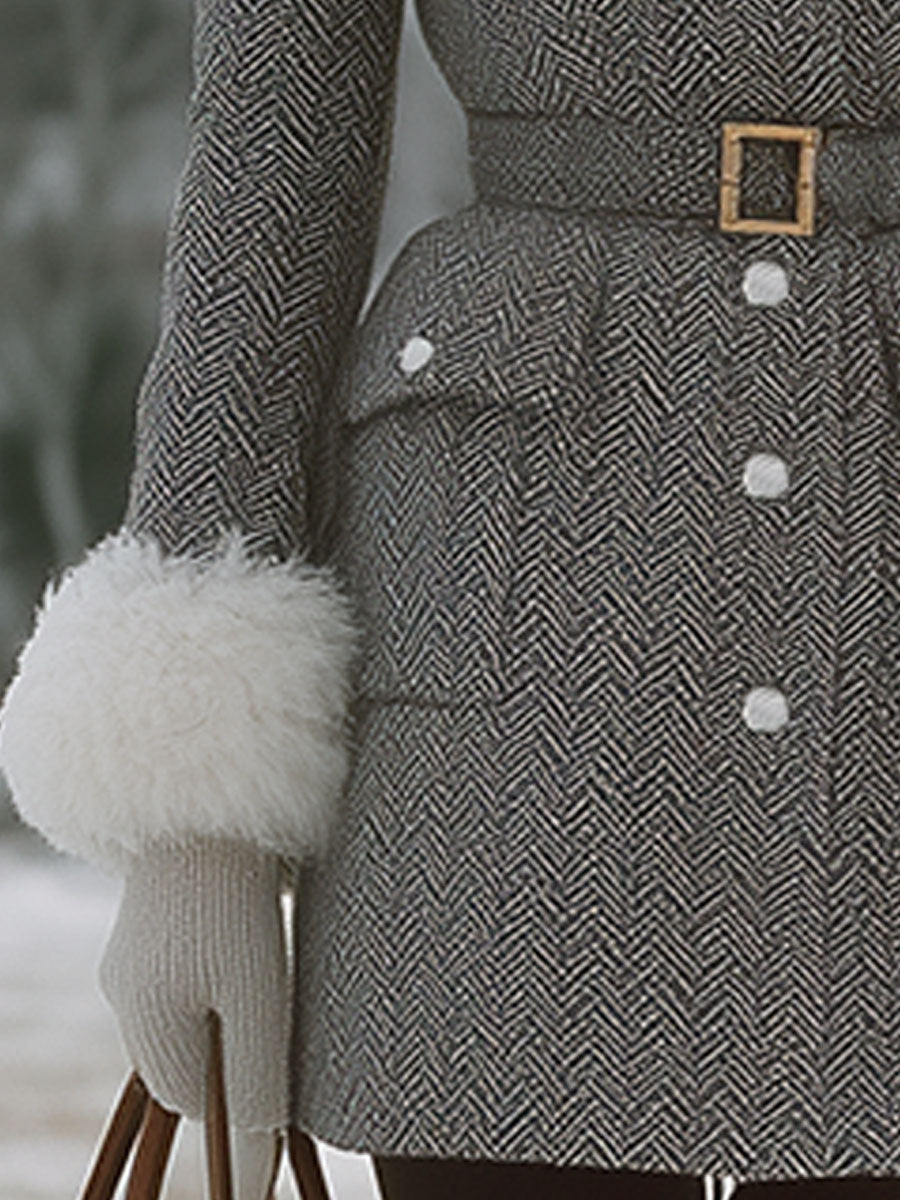 Luxury Waterproof Mink Collar Long Herringbone Wool Coat