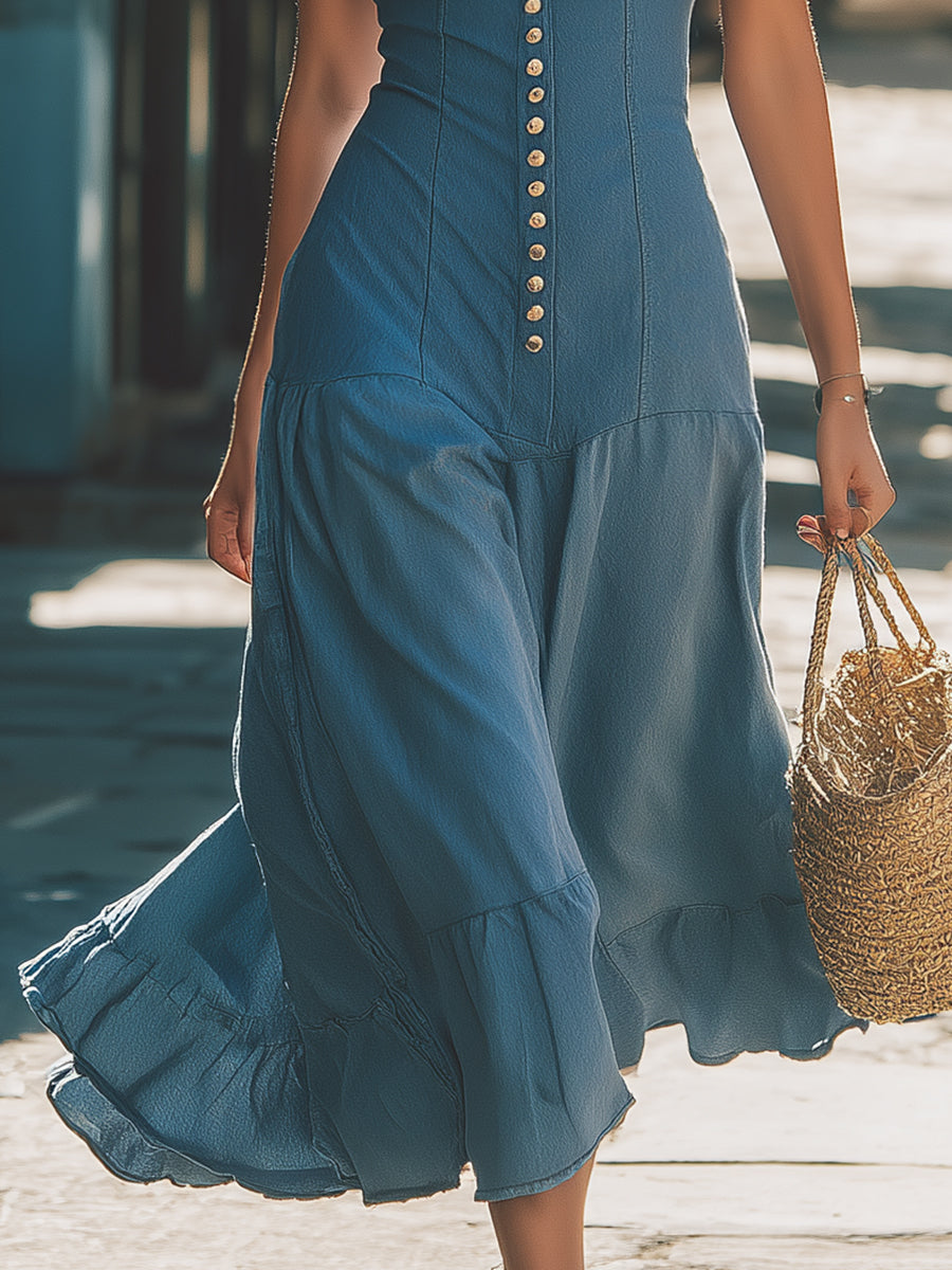 Stylish And Casual Button-down Denim Blue Ruffled Midi Dress