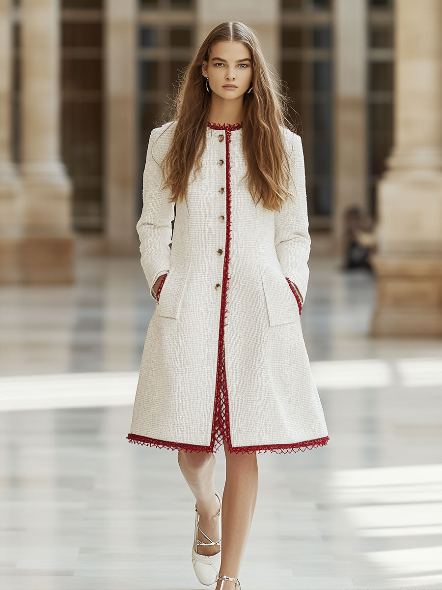 Vintage Elegant Red Trim White Tweed Round Neck Coat