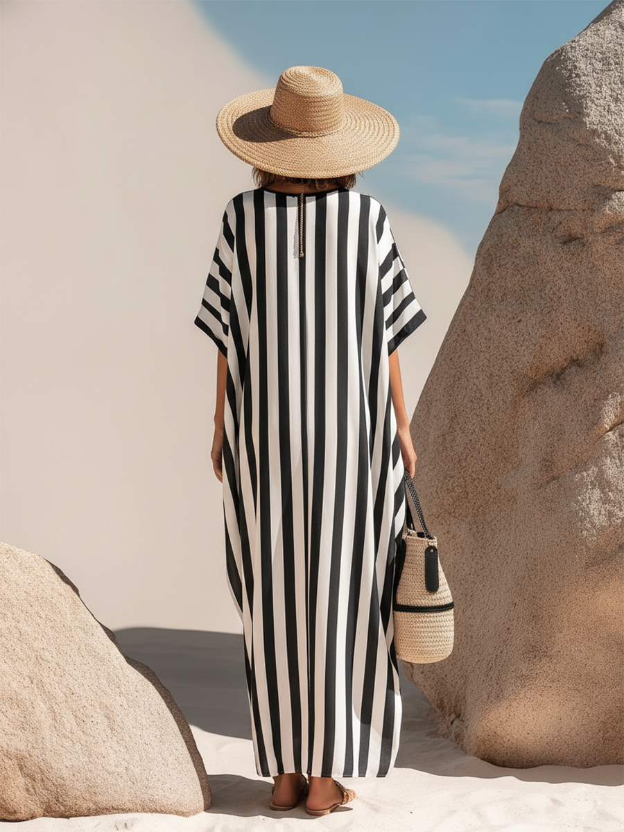 Vacation-style Striped Round-neck Short-sleeved Maxi Dress