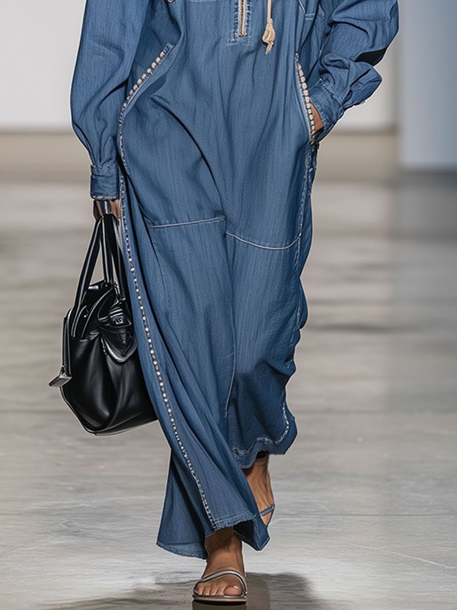 Vintage Blue Denim Long Sleeve Hooded Zipper Maxi Dress