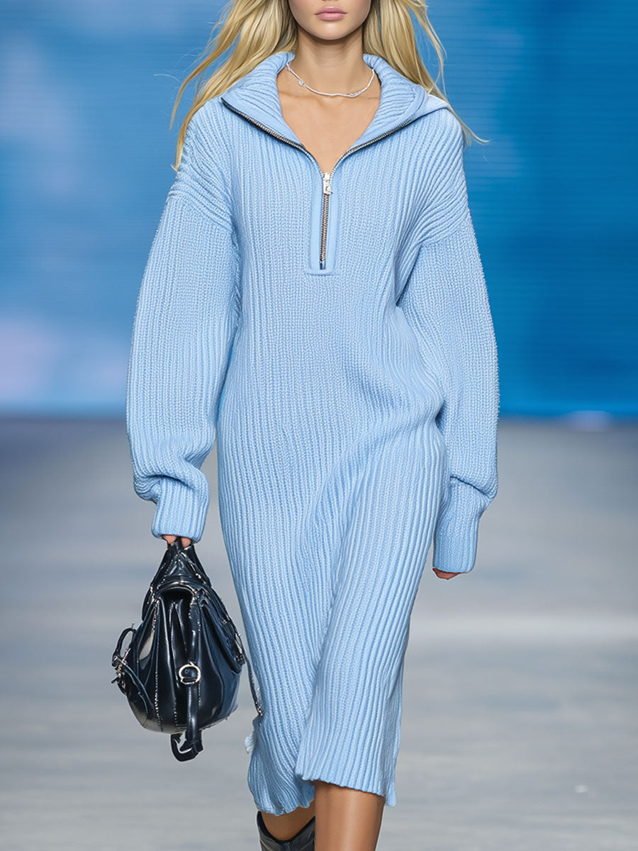 Fashion Loose Retro Blue Knitted Hooded Midi Dress