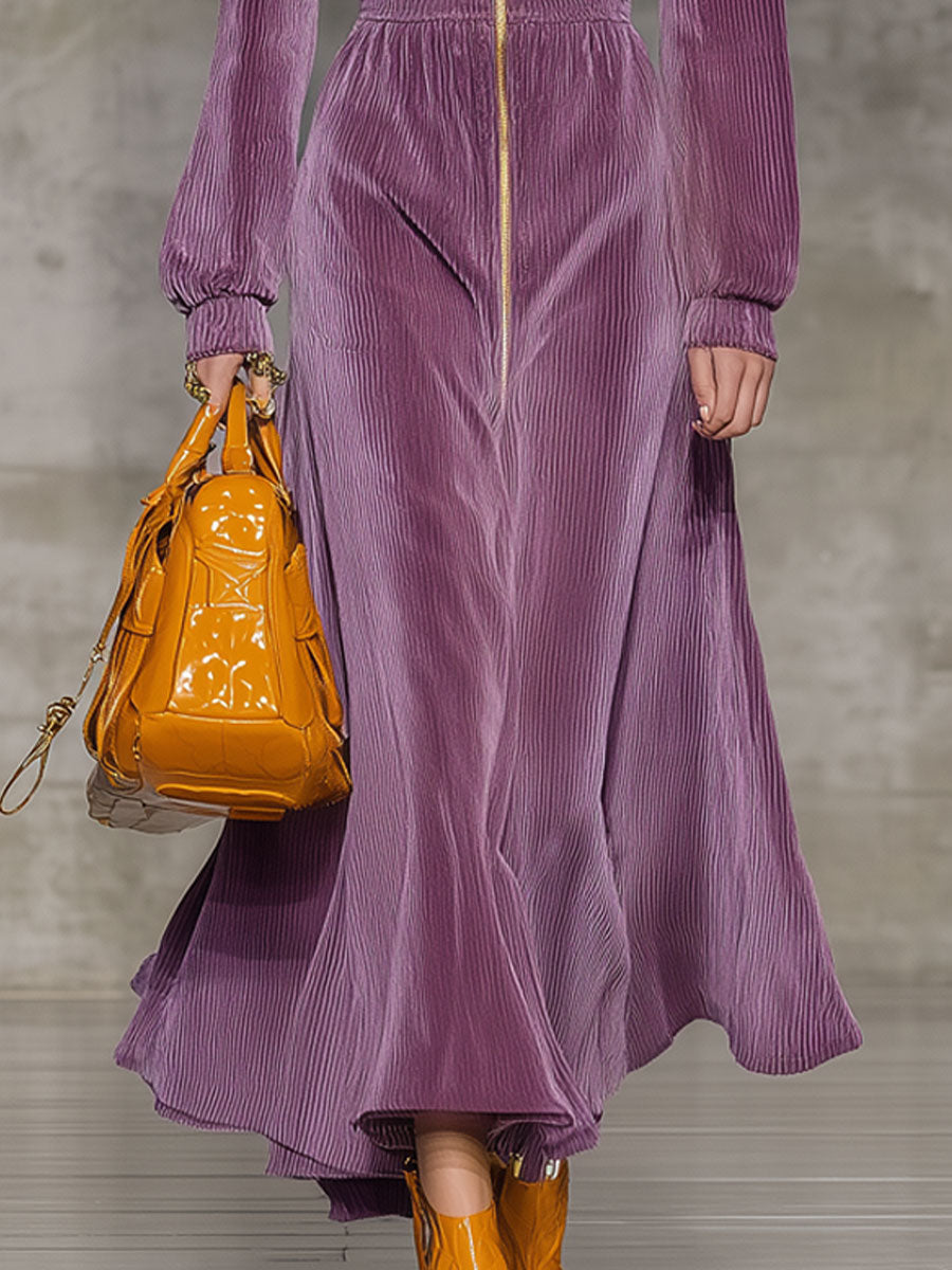 Fashionable And Casual Purple Corduroy Hooded Long-Sleeved Midi Dress