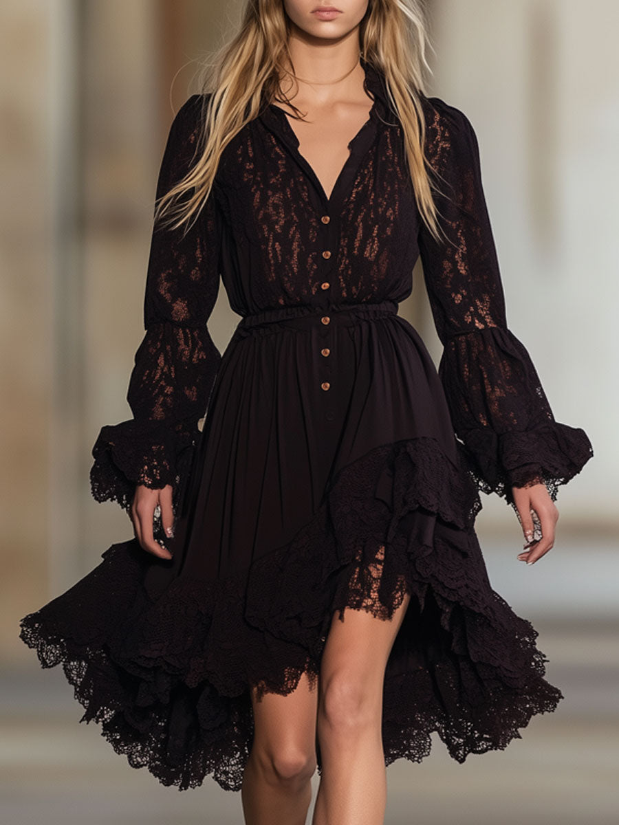 Vintage Cocoa Brown Lace Long Sleeve Elastic Waist Midi Dress