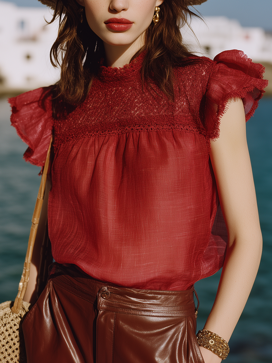 Elegant And Romantic Cotton Lace Neckline Red Top