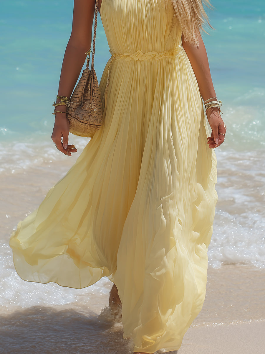 Bohemian Halter Neck Yellow Pleated Chiffon Sleeveless Maxi Dress