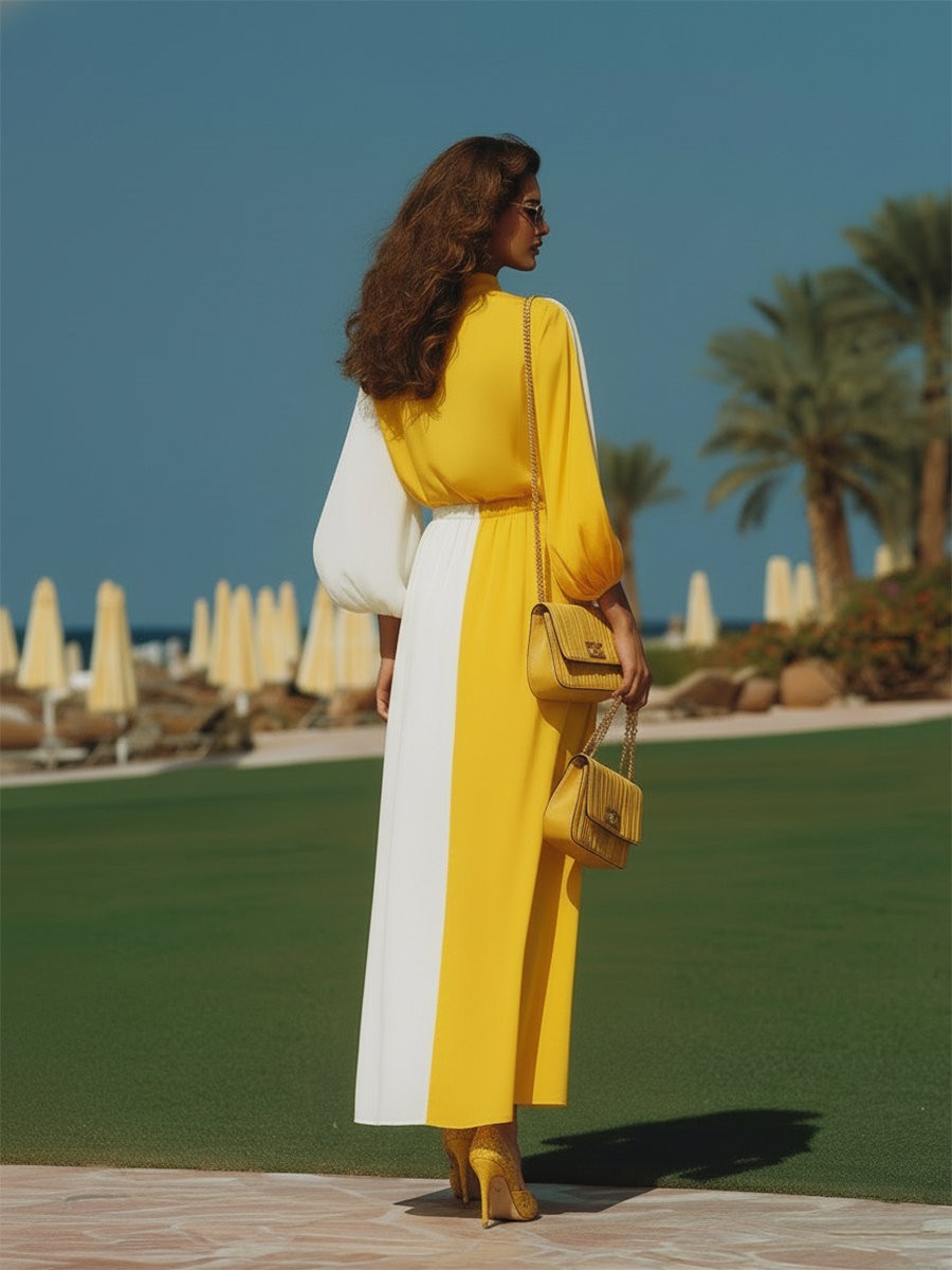 Vacation-style Chiffon Color-block Long-sleeved Maxi Dress