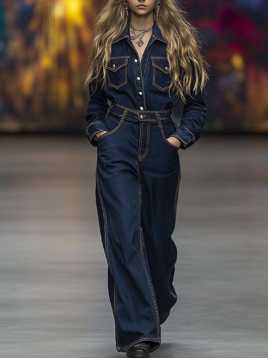 Fashionable And Casual Dark Blue Lapel Brown Topstitched Long-Sleeved Jumpsuit