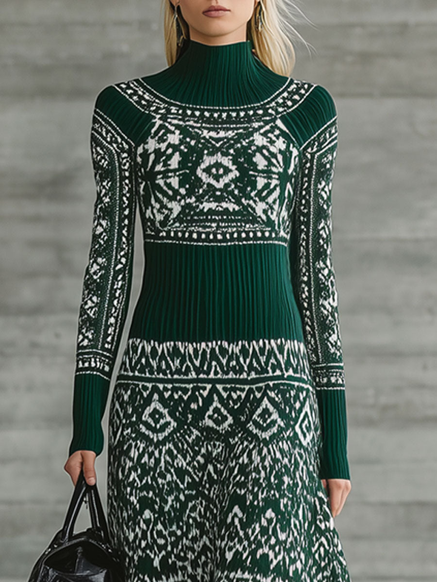 Retro Ethnic Geometric Dark Green Knitted High Collar Maxi Dress