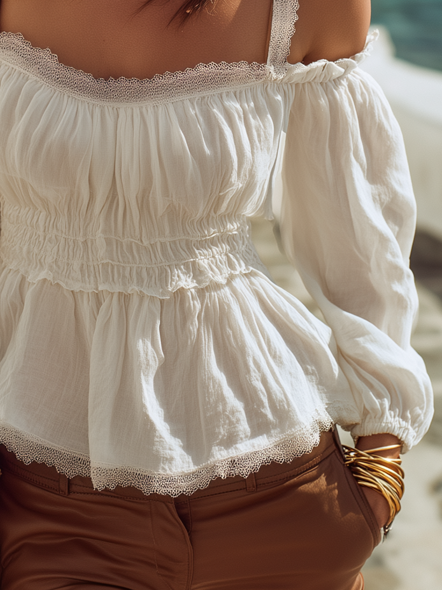 Romantic Bohemian Lace Trim White Cotton And Linen Long-sleeved Top