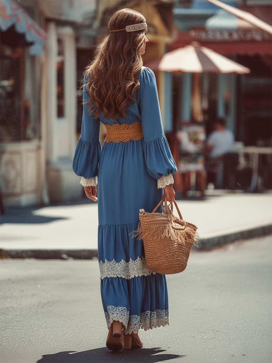 Romantic Bohemian White Lace Patchwork And Blue Tencel Maxi Dress