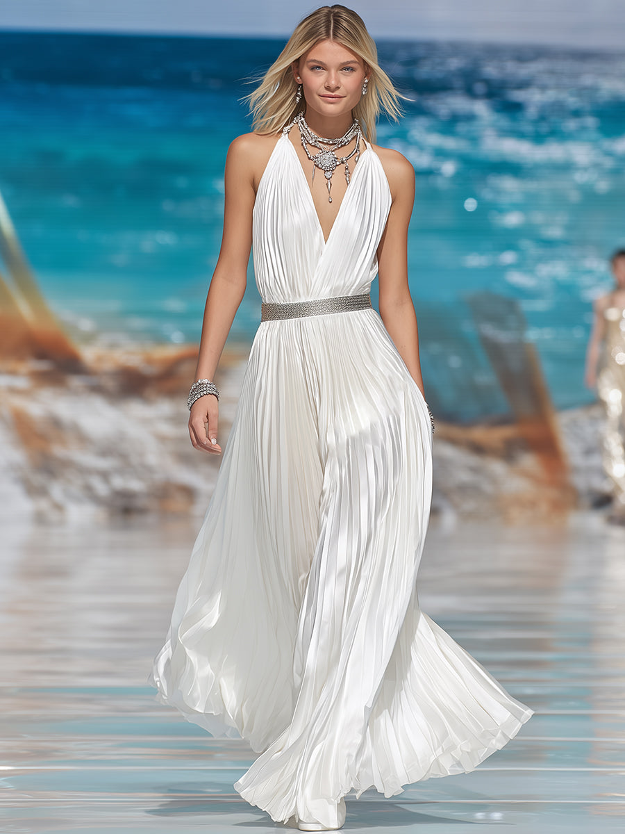 Luxury Resort White Pleated Satin V-Neck Rhinestone Belt Maxi Dress