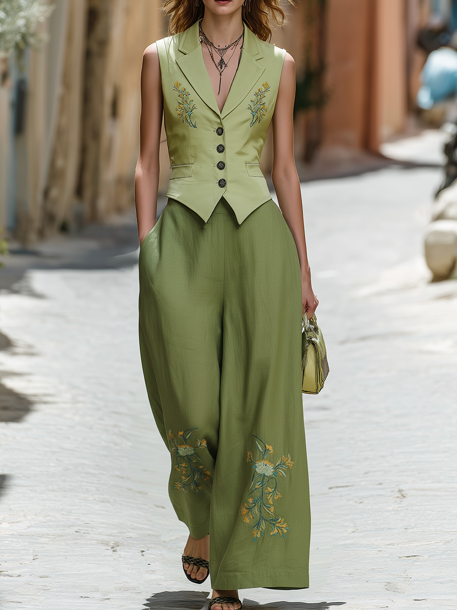 Bohemian Style Green Embroidered Top And Trousers Set