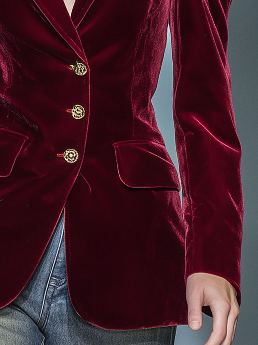 Red Velvet Leg Of Mutton Sleeve Button Blazer